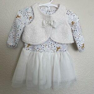 Carter’s Baby Girl 6M Dress Set w/ Plush Vest White Gold Unicorn Print